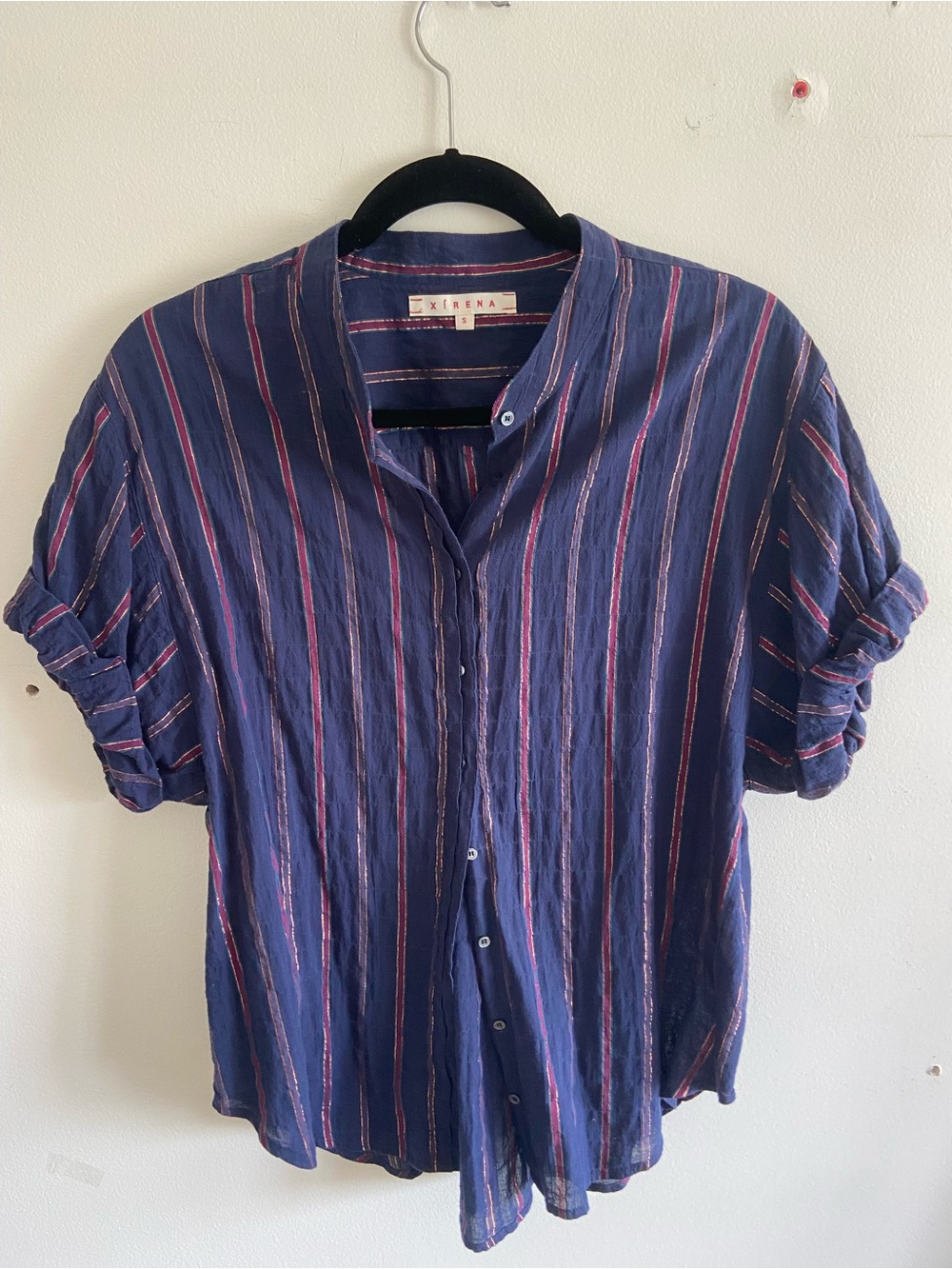 Xirena Channing Navy Stripe Button-Up Shirt Blouse 100% Cotton Flowy Size Small - Picture 6 of 6